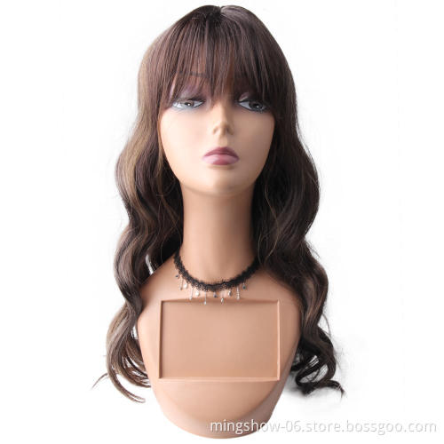 cheapest long black body wave premium synthetic hair wig with bangs